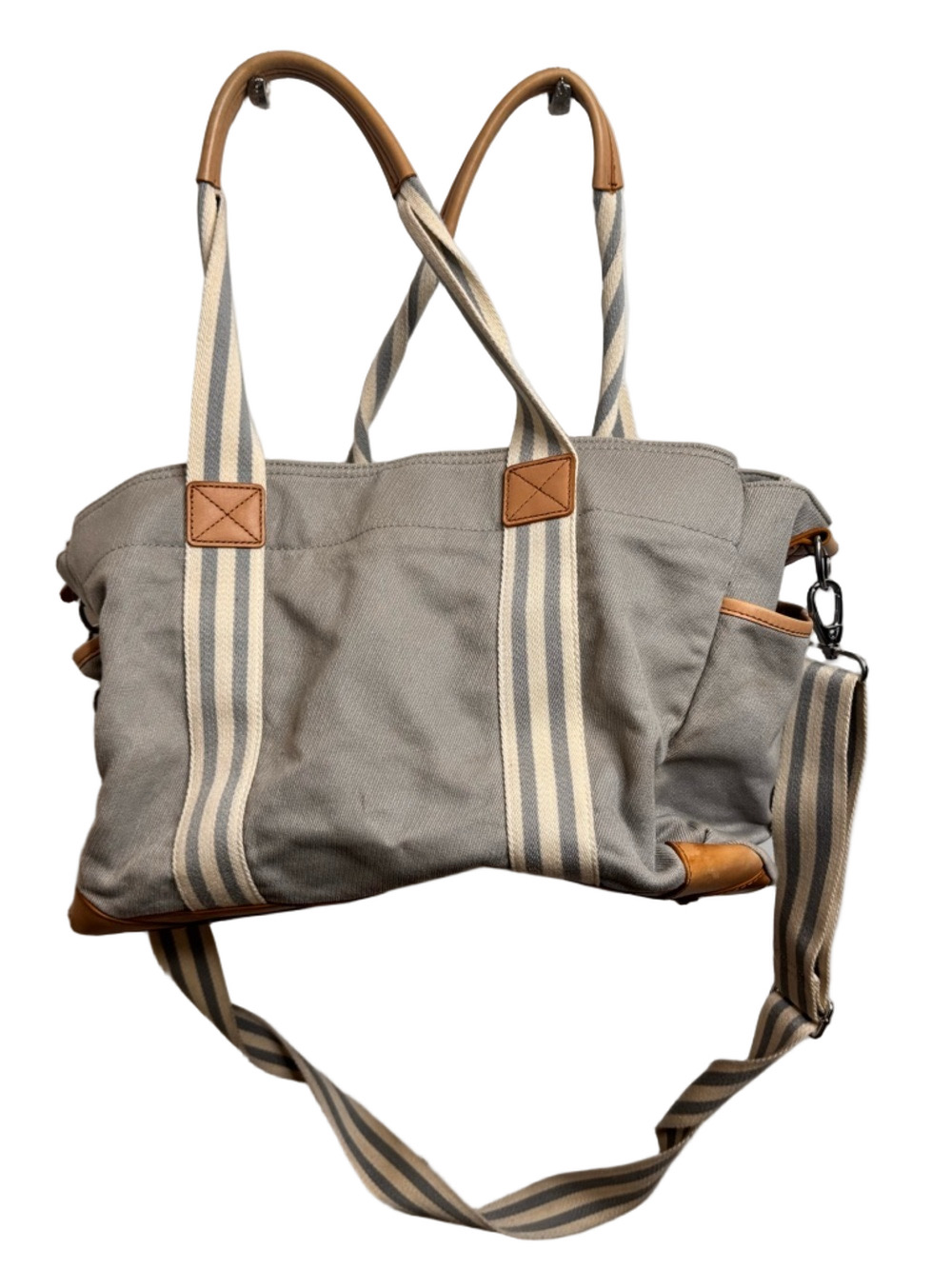 Pottery Barn Kids Gray Canvas Stripe Tote with Tan Leather Trim - Picture 1 of 6